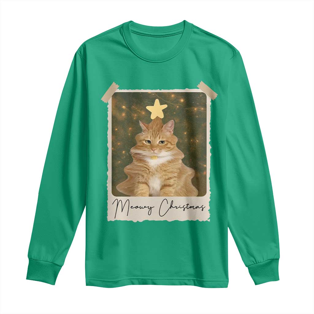Meowy Christmas Long Sleeve Shirt Funny Cat Xmas Tree Retro Vintage Photo - Wonder Print Shop
