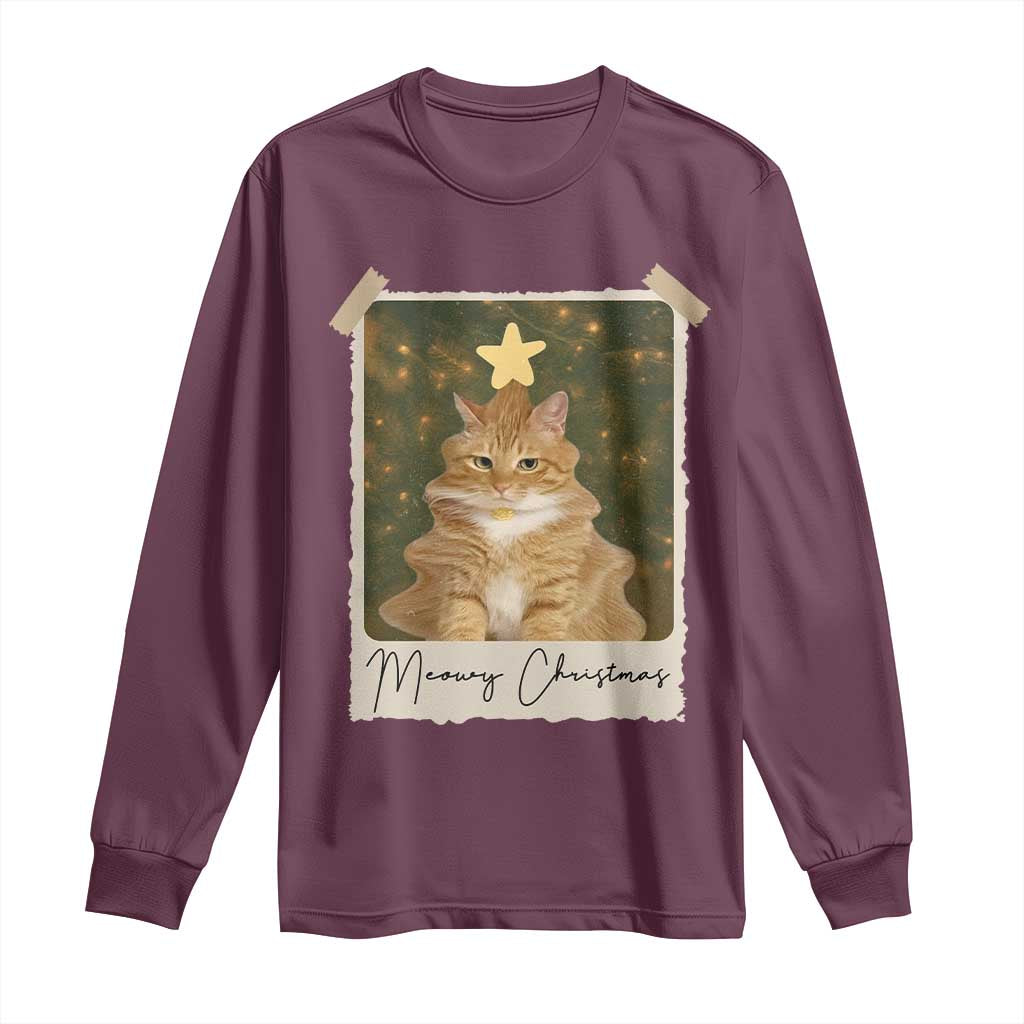 Meowy Christmas Long Sleeve Shirt Funny Cat Xmas Tree Retro Vintage Photo - Wonder Print Shop