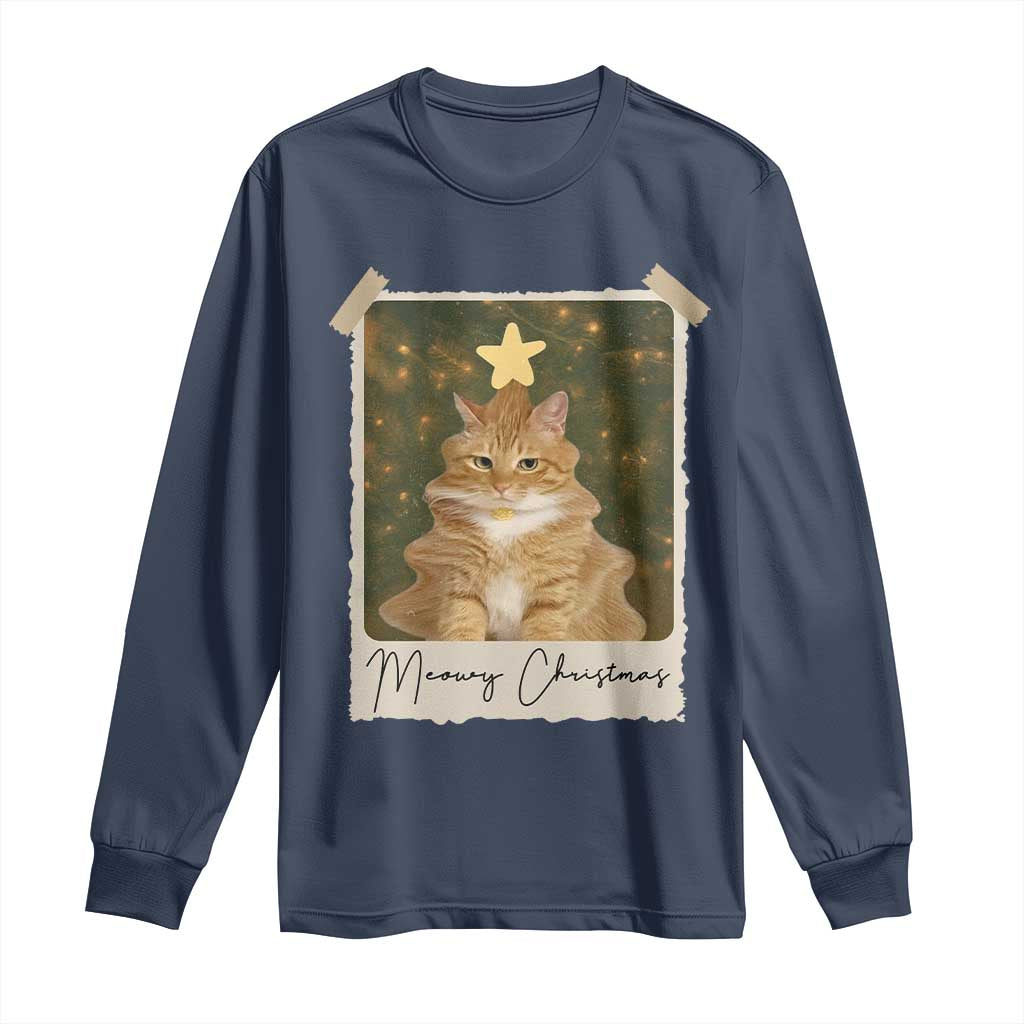 Meowy Christmas Long Sleeve Shirt Funny Cat Xmas Tree Retro Vintage Photo - Wonder Print Shop