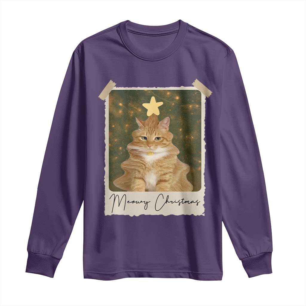 Meowy Christmas Long Sleeve Shirt Funny Cat Xmas Tree Retro Vintage Photo - Wonder Print Shop