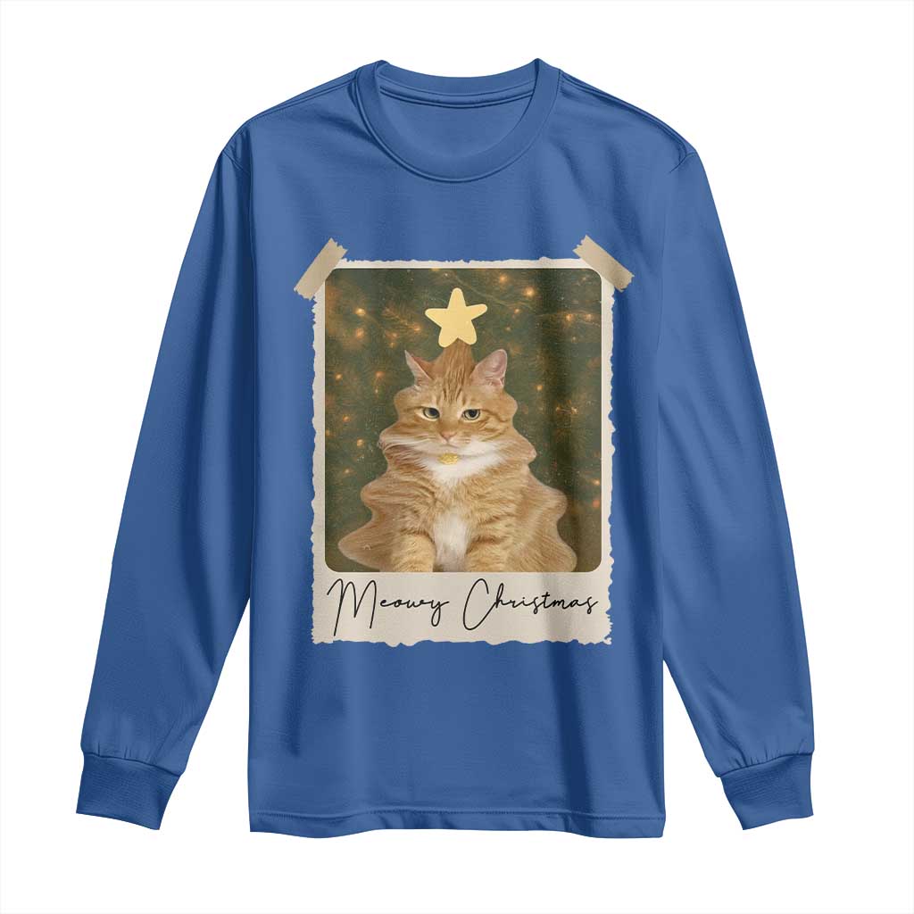 Meowy Christmas Long Sleeve Shirt Funny Cat Xmas Tree Retro Vintage Photo - Wonder Print Shop