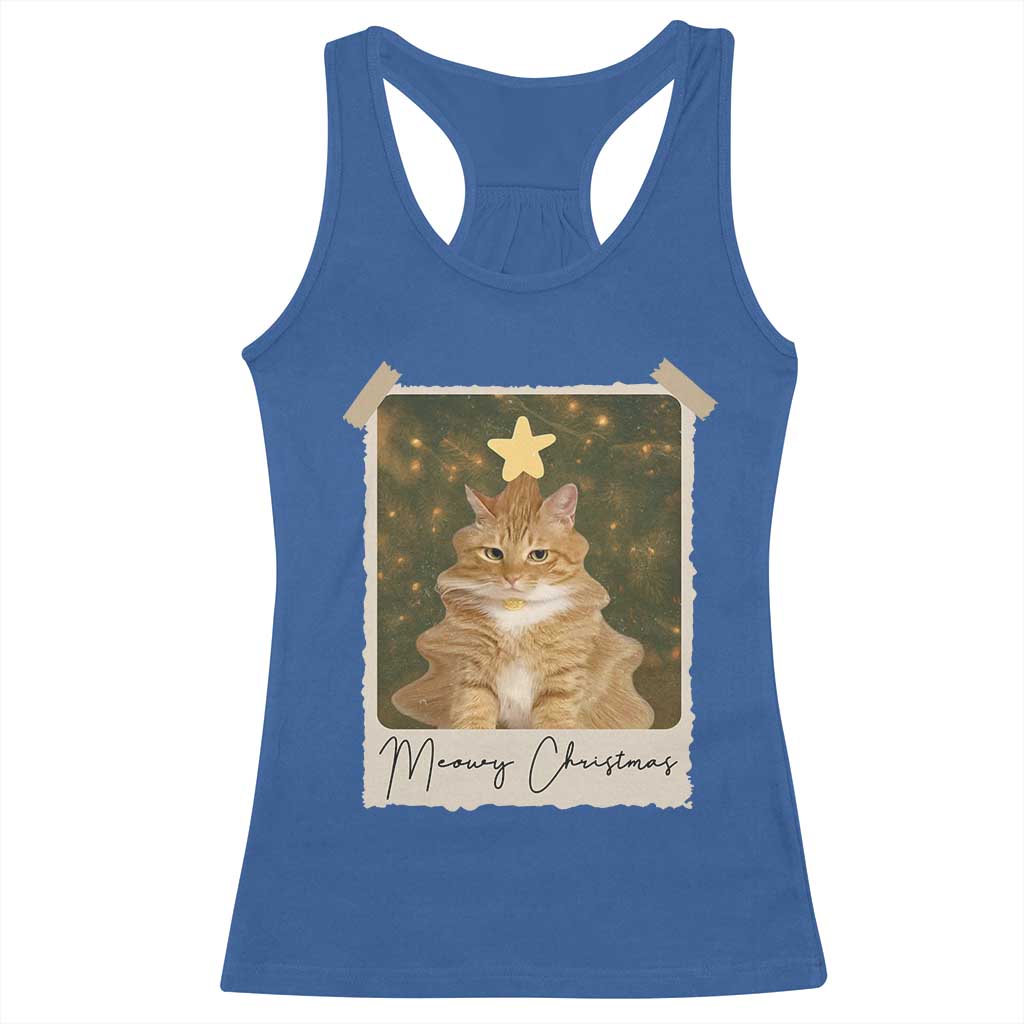 Meowy Christmas Racerback Tank Top Funny Cat Xmas Tree Retro Vintage Photo - Wonder Print Shop