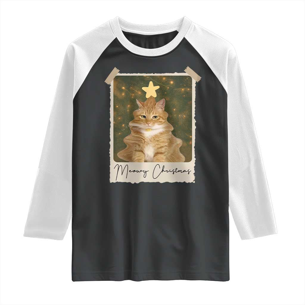 Meowy Christmas Raglan Shirt Funny Cat Xmas Tree Retro Vintage Photo - Wonder Print Shop
