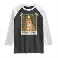 Meowy Christmas Raglan Shirt Funny Cat Xmas Tree Retro Vintage Photo - Wonder Print Shop