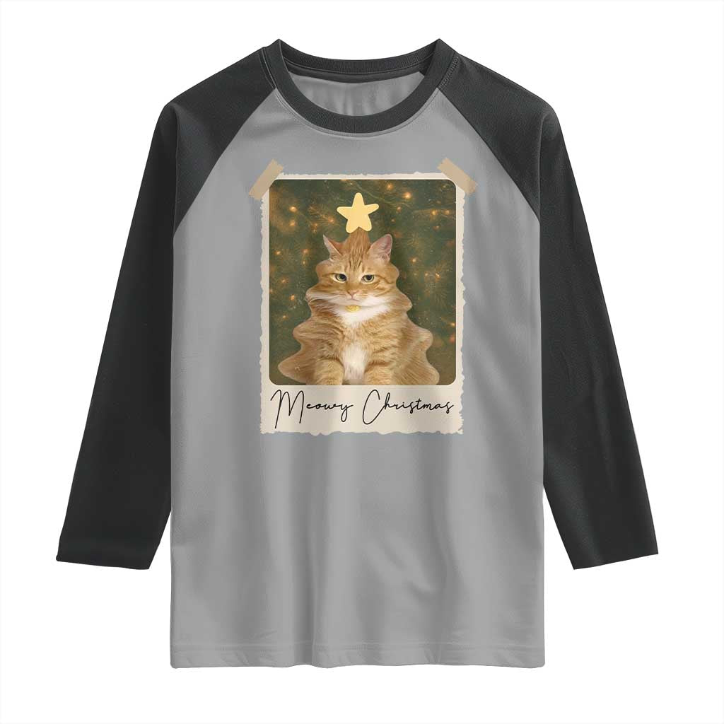 Meowy Christmas Raglan Shirt Funny Cat Xmas Tree Retro Vintage Photo - Wonder Print Shop