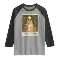 Meowy Christmas Raglan Shirt Funny Cat Xmas Tree Retro Vintage Photo - Wonder Print Shop