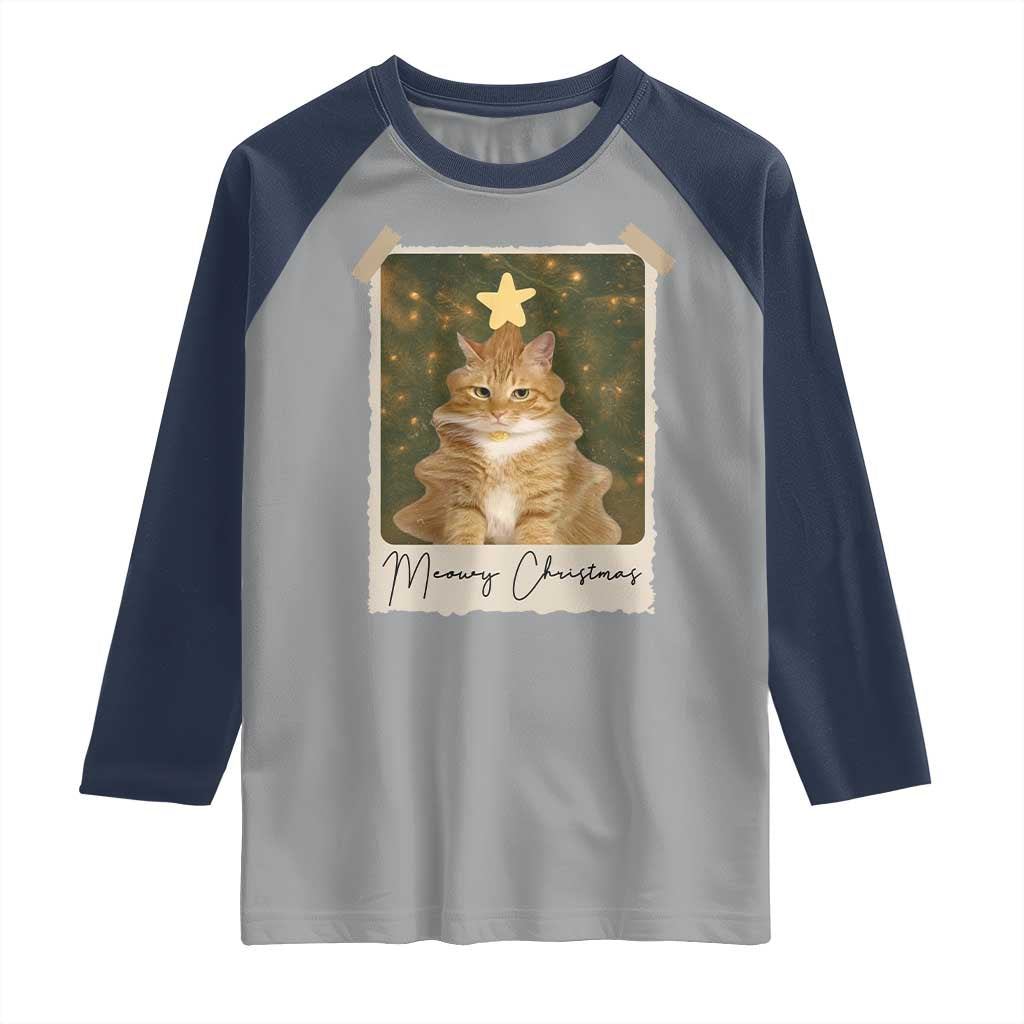 Meowy Christmas Raglan Shirt Funny Cat Xmas Tree Retro Vintage Photo - Wonder Print Shop