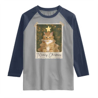 Meowy Christmas Raglan Shirt Funny Cat Xmas Tree Retro Vintage Photo - Wonder Print Shop