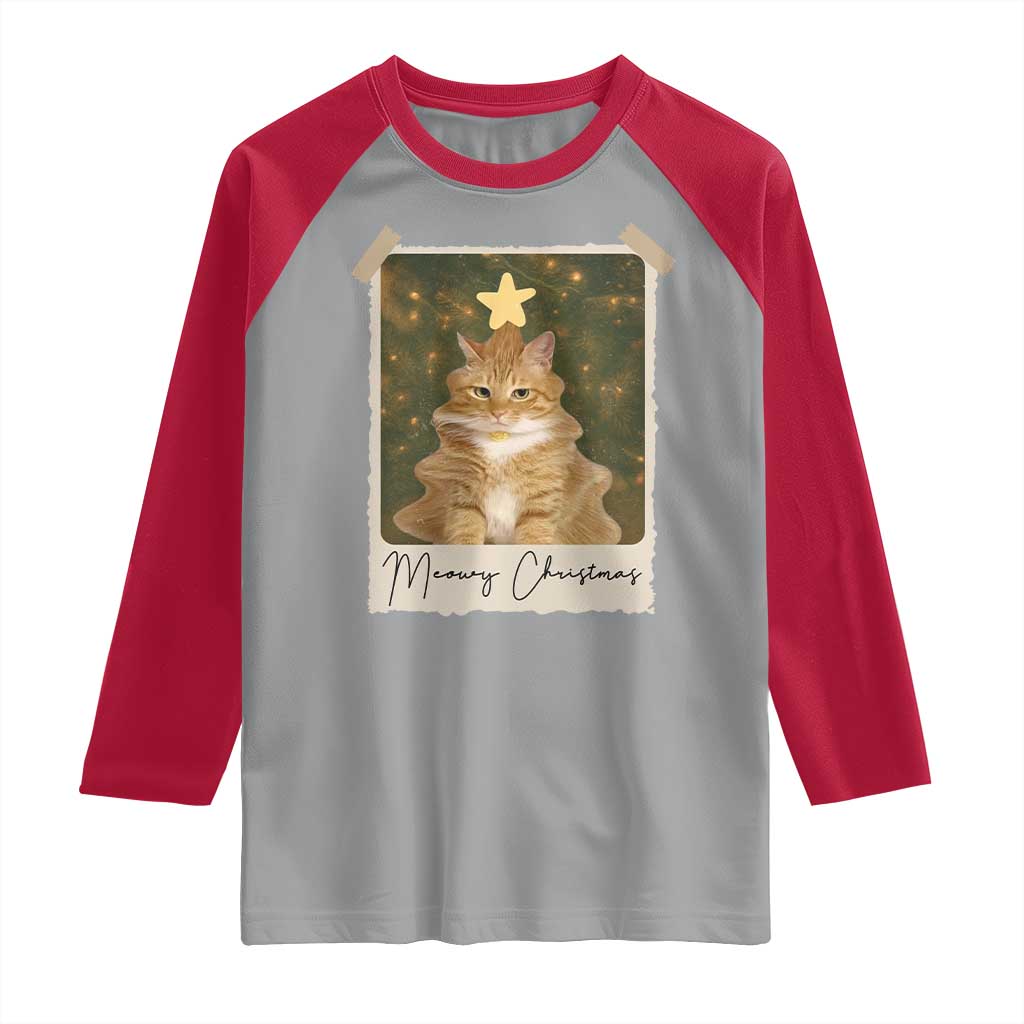 Meowy Christmas Raglan Shirt Funny Cat Xmas Tree Retro Vintage Photo - Wonder Print Shop