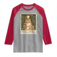 Meowy Christmas Raglan Shirt Funny Cat Xmas Tree Retro Vintage Photo - Wonder Print Shop