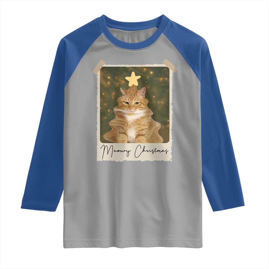 Meowy Christmas Raglan Shirt Funny Cat Xmas Tree Retro Vintage Photo - Wonder Print Shop