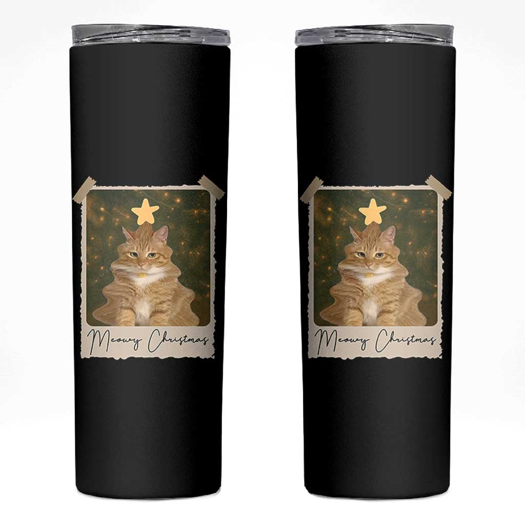 Meowy Christmas Skinny Tumbler Funny Cat Xmas Tree Retro Vintage Photo - Wonder Print Shop