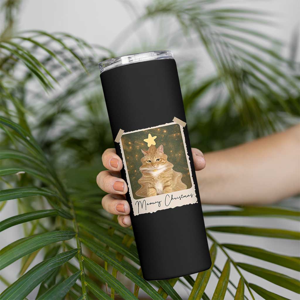 Meowy Christmas Skinny Tumbler Funny Cat Xmas Tree Retro Vintage Photo - Wonder Print Shop