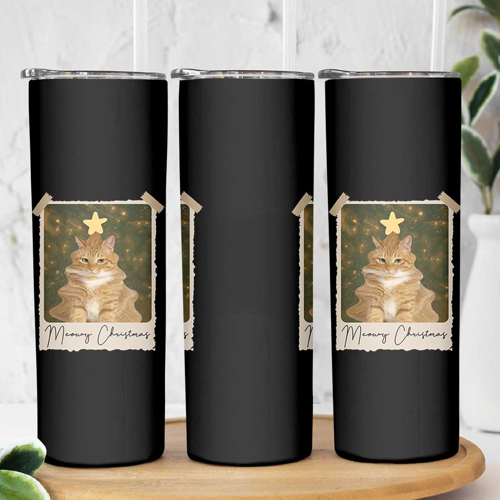 Meowy Christmas Skinny Tumbler Funny Cat Xmas Tree Retro Vintage Photo - Wonder Print Shop