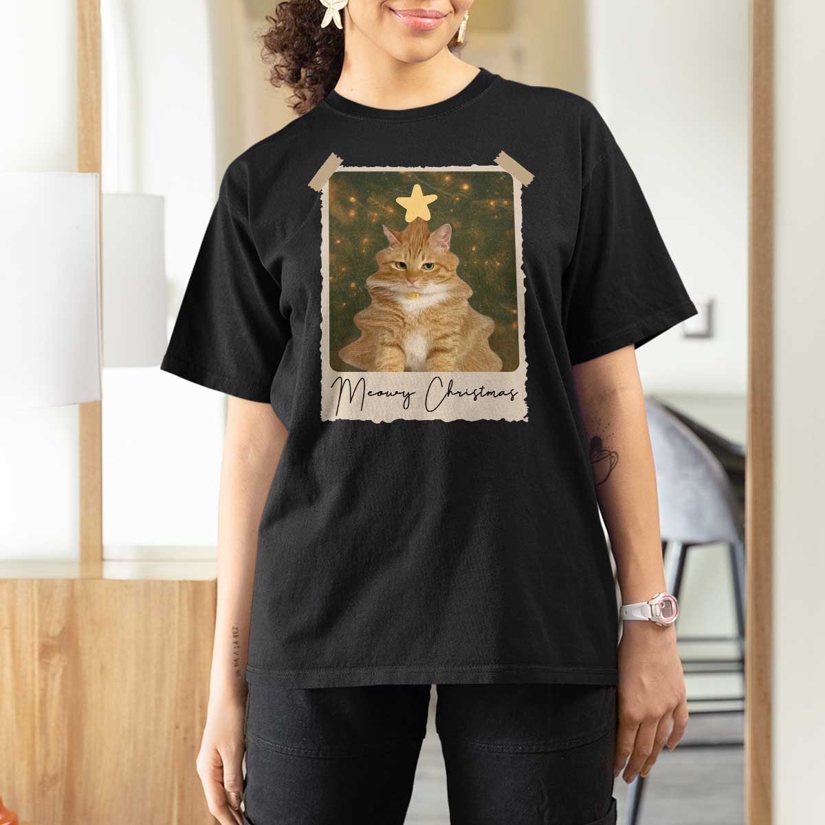 Meowy Christmas T Shirt For Women Funny Cat Xmas Tree Retro Vintage Photo - Wonder Print Shop