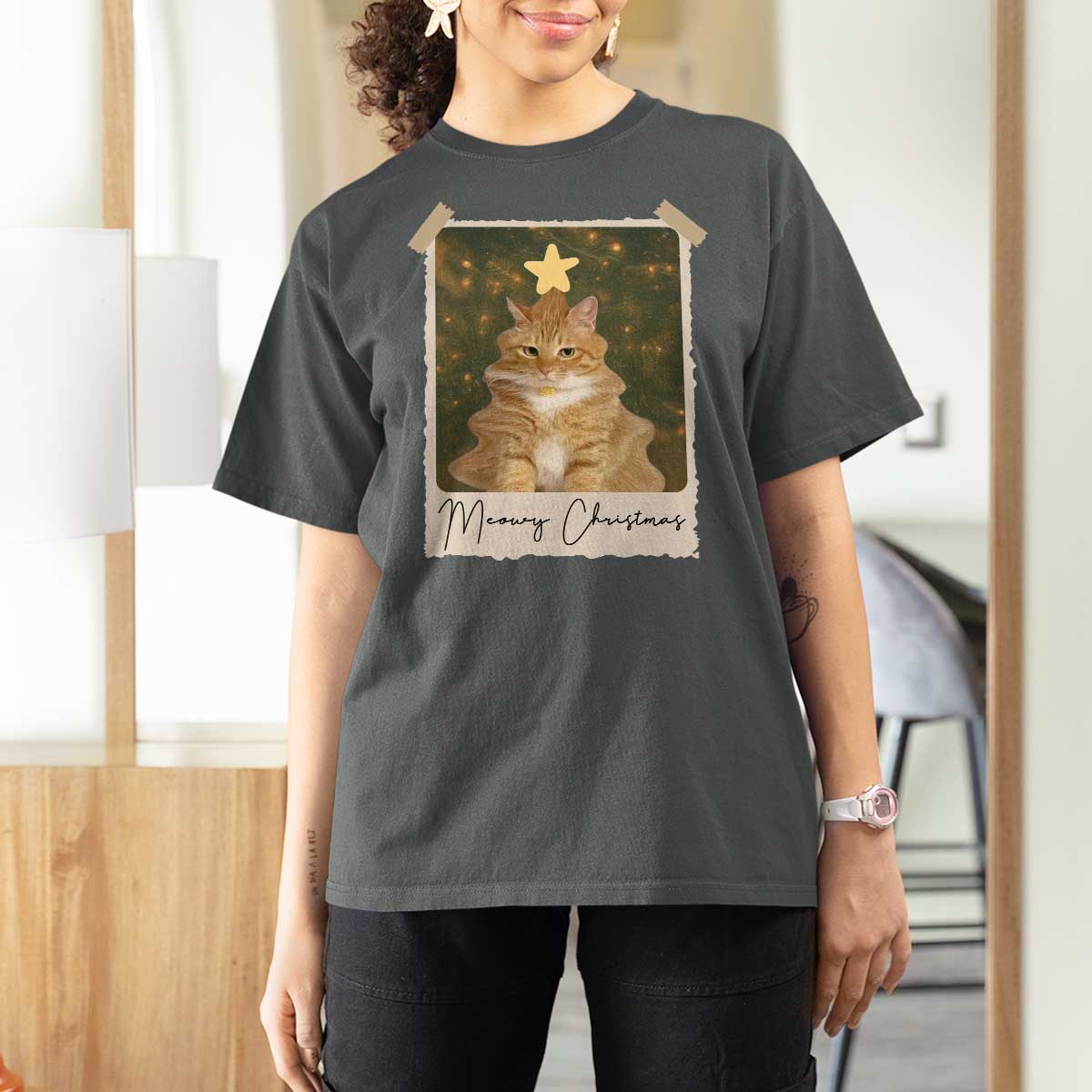 Meowy Christmas T Shirt For Women Funny Cat Xmas Tree Retro Vintage Photo - Wonder Print Shop