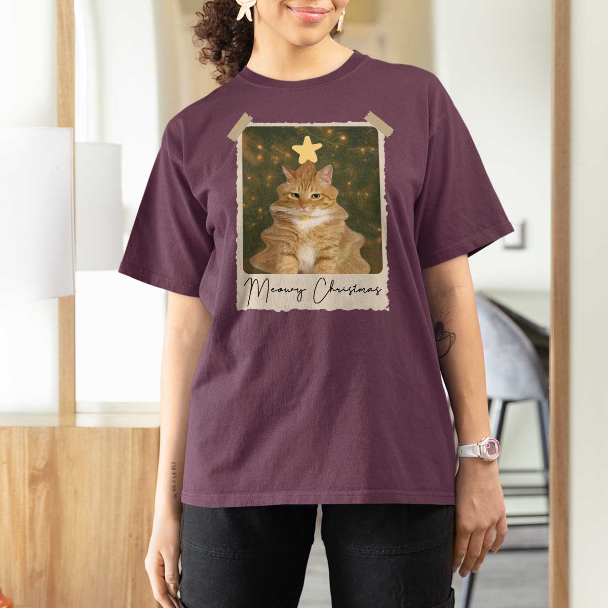 Meowy Christmas T Shirt For Women Funny Cat Xmas Tree Retro Vintage Photo - Wonder Print Shop