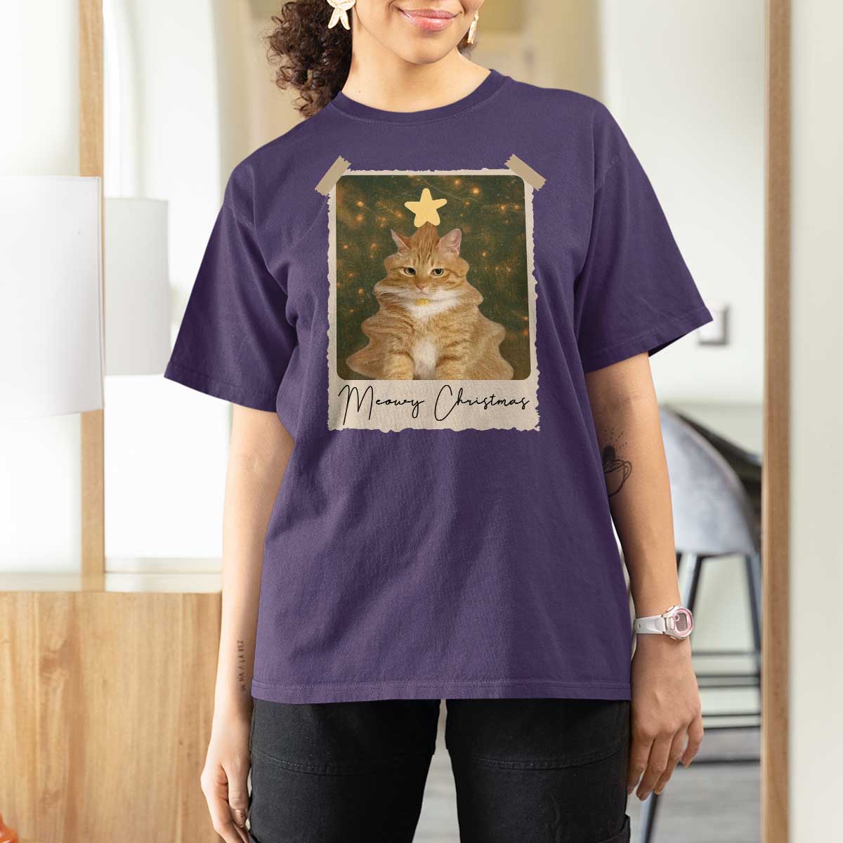 Meowy Christmas T Shirt For Women Funny Cat Xmas Tree Retro Vintage Photo - Wonder Print Shop