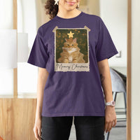 Meowy Christmas T Shirt For Women Funny Cat Xmas Tree Retro Vintage Photo - Wonder Print Shop