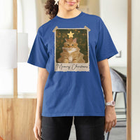 Meowy Christmas T Shirt For Women Funny Cat Xmas Tree Retro Vintage Photo - Wonder Print Shop