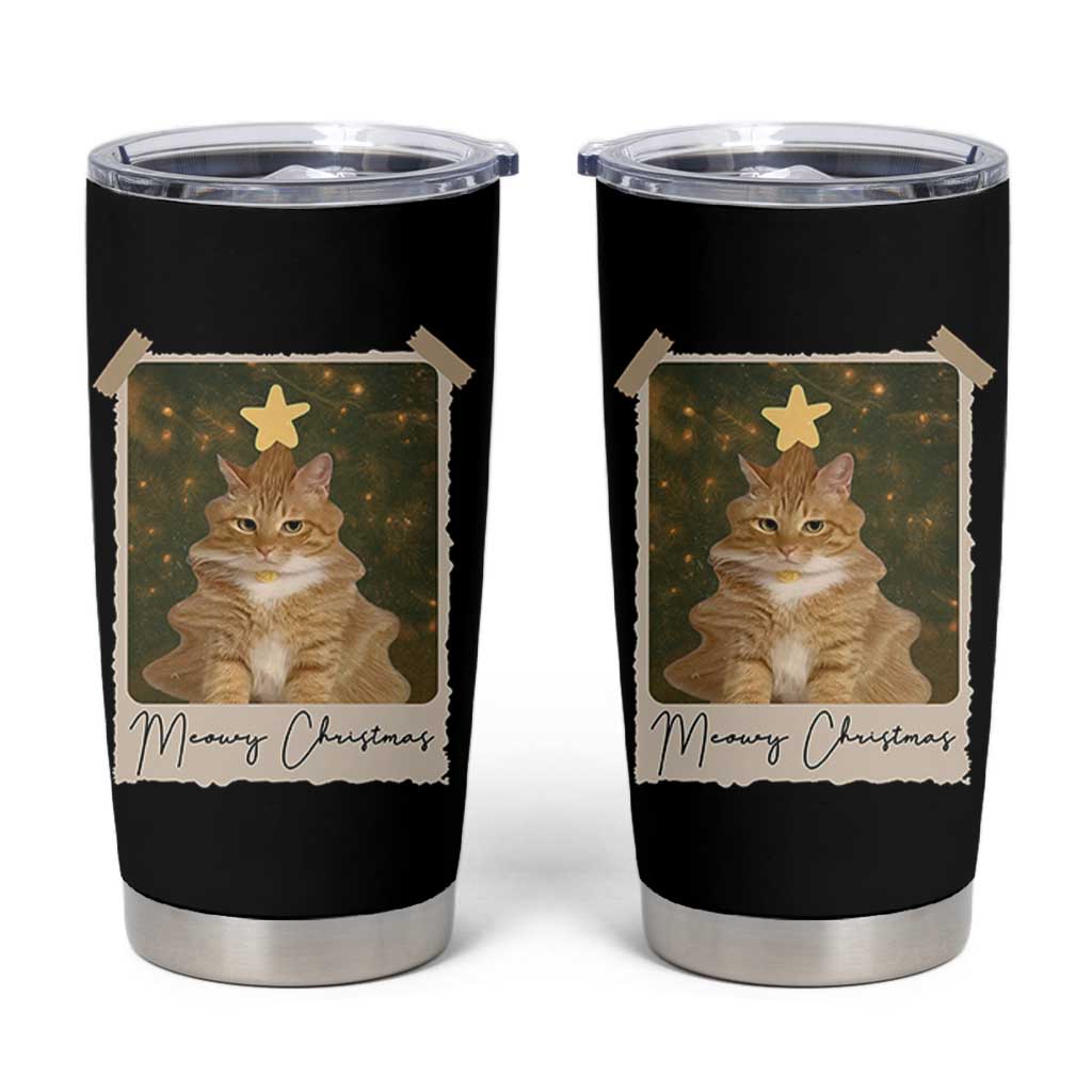 Meowy Christmas Tumbler Cup Funny Cat Xmas Tree Retro Vintage Photo - Wonder Print Shop