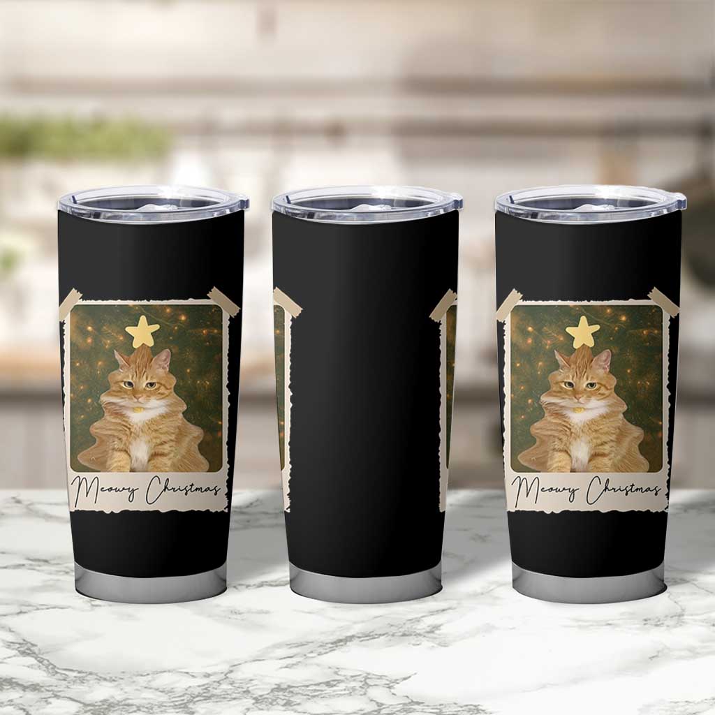 Meowy Christmas Tumbler Cup Funny Cat Xmas Tree Retro Vintage Photo - Wonder Print Shop