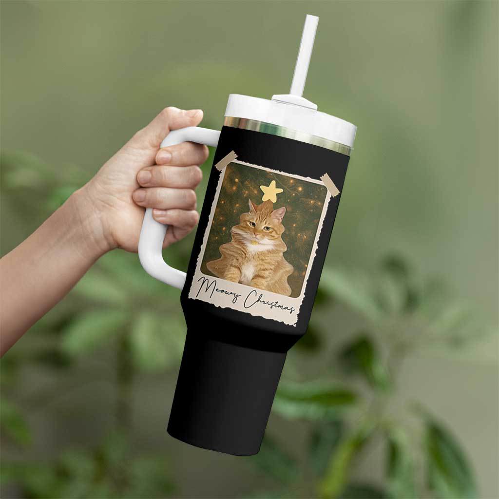 Meowy Christmas Tumbler With Handle Funny Cat Xmas Tree Retro Vintage Photo - Wonder Print Shop