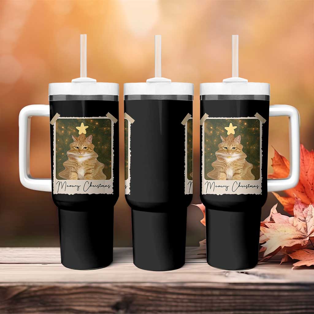 Meowy Christmas Tumbler With Handle Funny Cat Xmas Tree Retro Vintage Photo - Wonder Print Shop