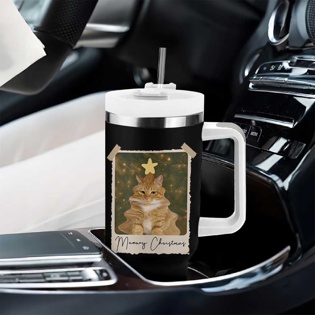 Meowy Christmas Tumbler With Handle Funny Cat Xmas Tree Retro Vintage Photo - Wonder Print Shop