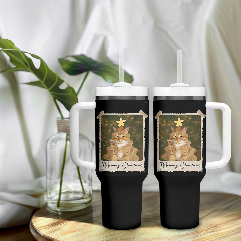 Meowy Christmas Tumbler With Handle Funny Cat Xmas Tree Retro Vintage Photo - Wonder Print Shop