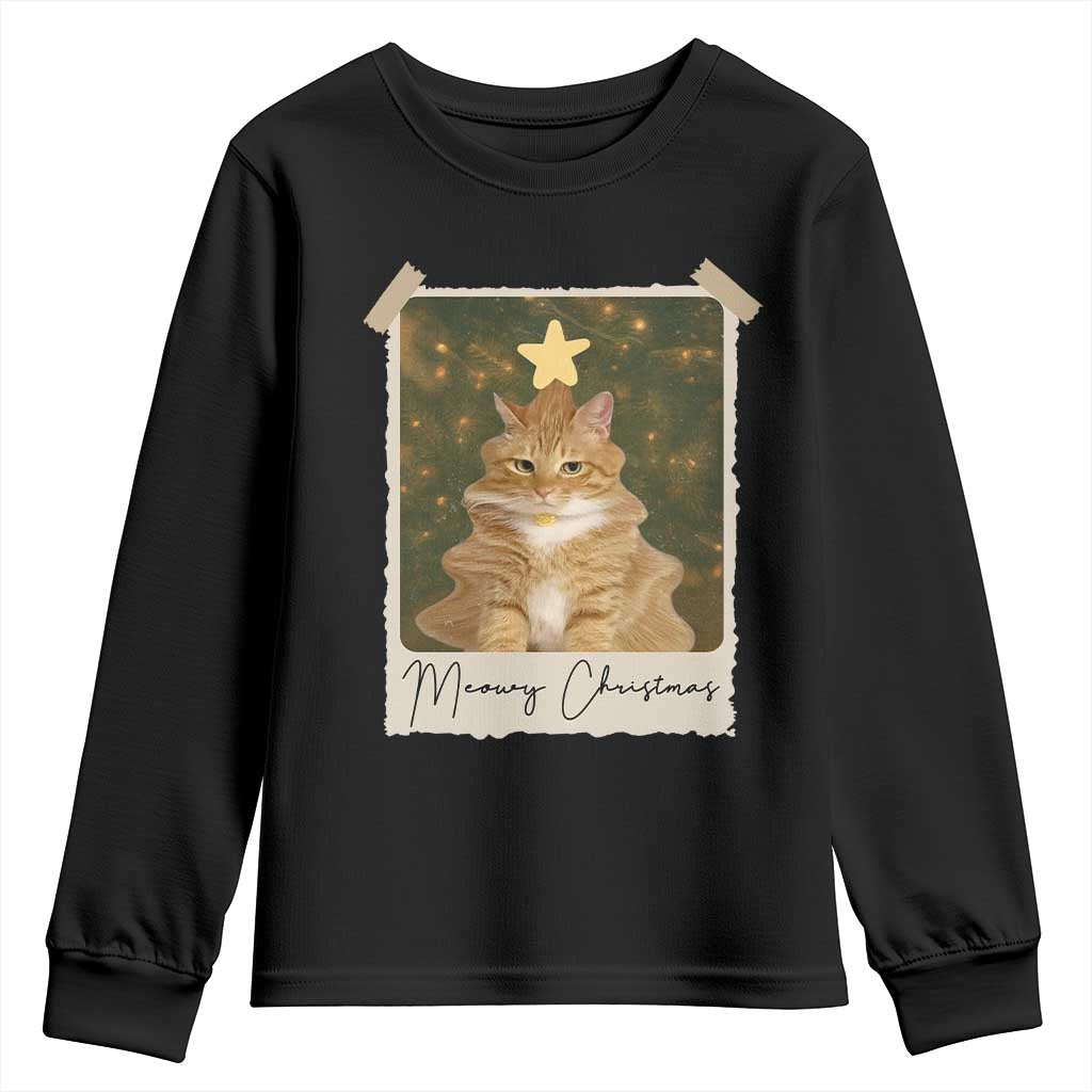 Meowy Christmas Youth Sweatshirt Funny Cat Xmas Tree Retro Vintage Photo - Wonder Print Shop