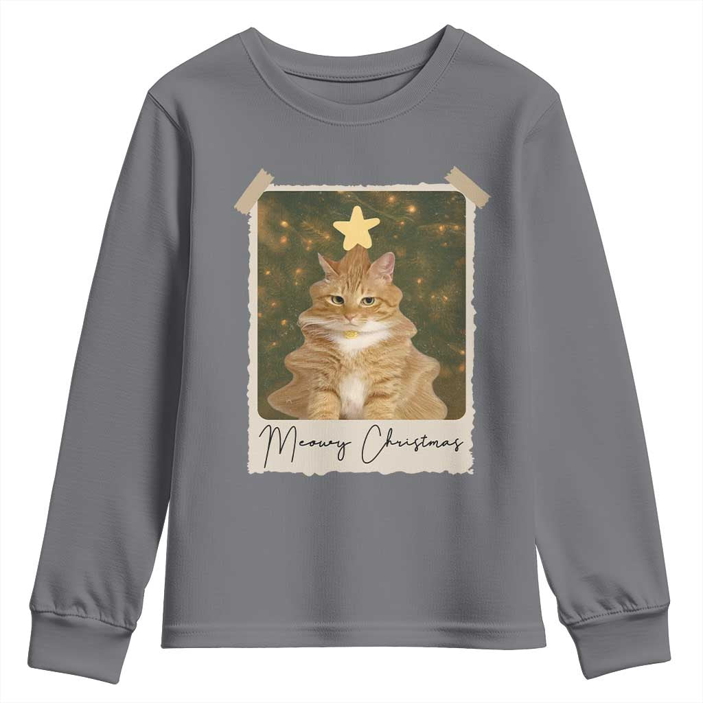Meowy Christmas Youth Sweatshirt Funny Cat Xmas Tree Retro Vintage Photo - Wonder Print Shop