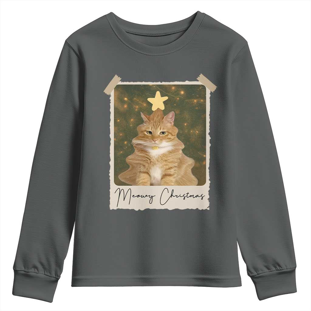 Meowy Christmas Youth Sweatshirt Funny Cat Xmas Tree Retro Vintage Photo - Wonder Print Shop