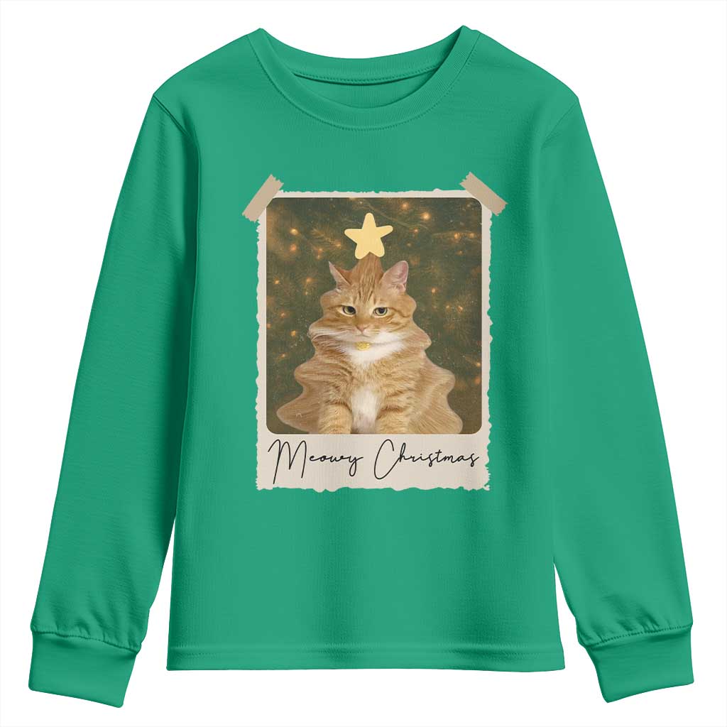Meowy Christmas Youth Sweatshirt Funny Cat Xmas Tree Retro Vintage Photo - Wonder Print Shop