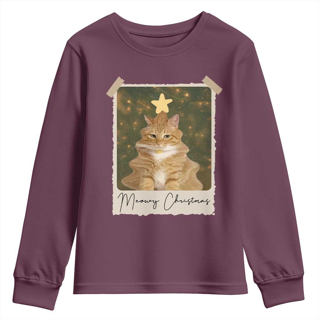 Meowy Christmas Youth Sweatshirt Funny Cat Xmas Tree Retro Vintage Photo - Wonder Print Shop
