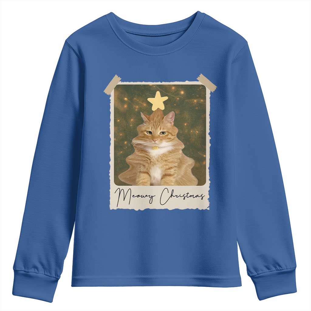 Meowy Christmas Youth Sweatshirt Funny Cat Xmas Tree Retro Vintage Photo - Wonder Print Shop