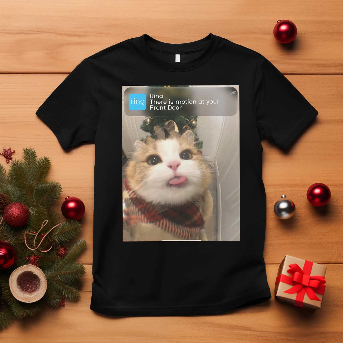 Funny Cat Christmas T Shirt Ring There is Motion at Your Front Door Meme Xmas Tree - Wonder Print Shop