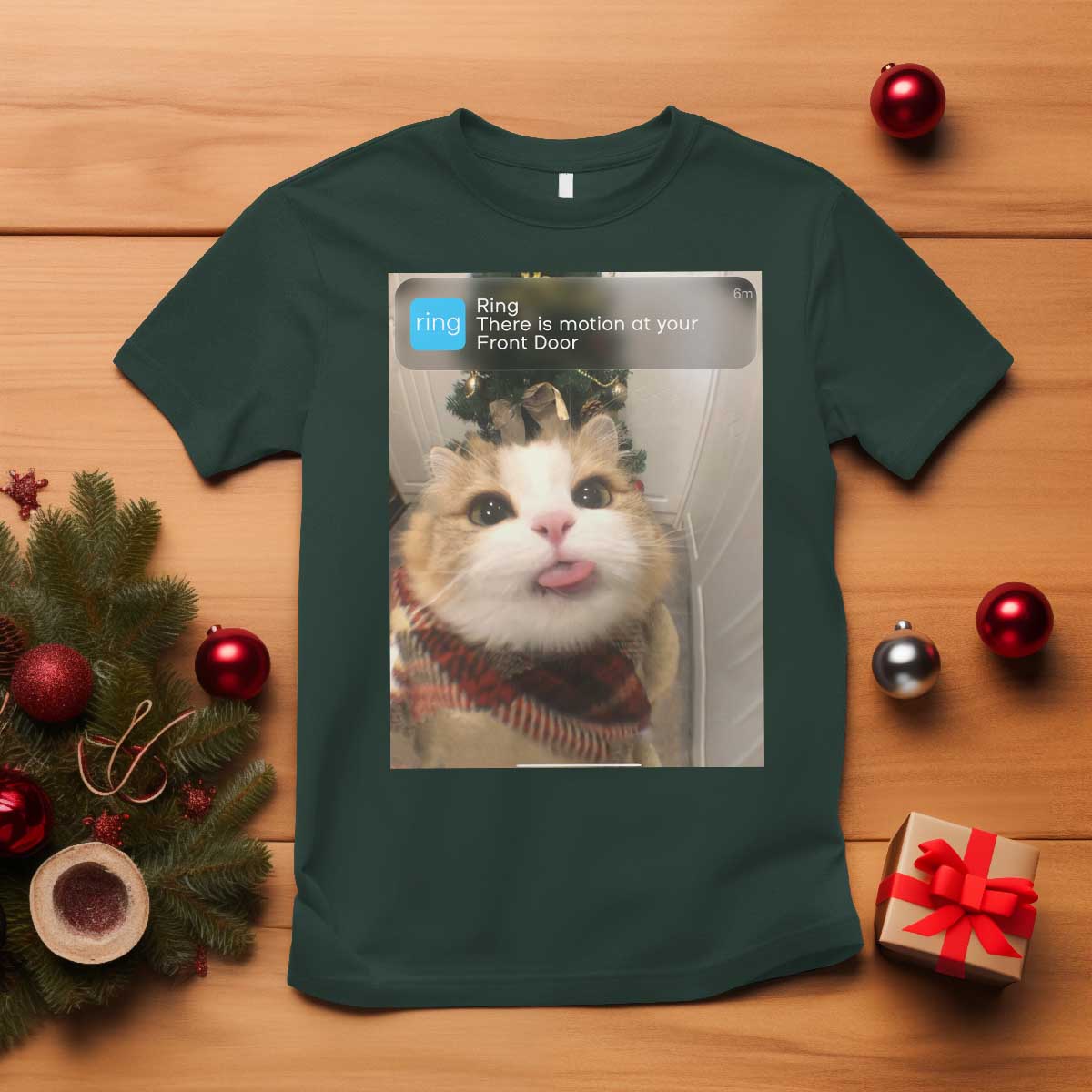 Funny Cat Christmas T Shirt Ring There is Motion at Your Front Door Meme Xmas Tree - Wonder Print Shop