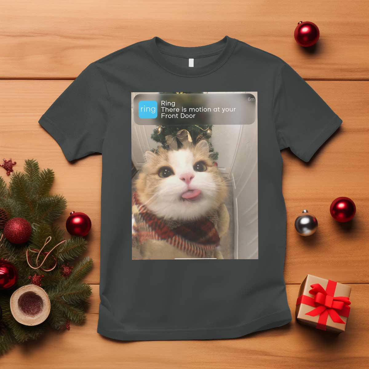 Funny Cat Christmas T Shirt Ring There is Motion at Your Front Door Meme Xmas Tree - Wonder Print Shop