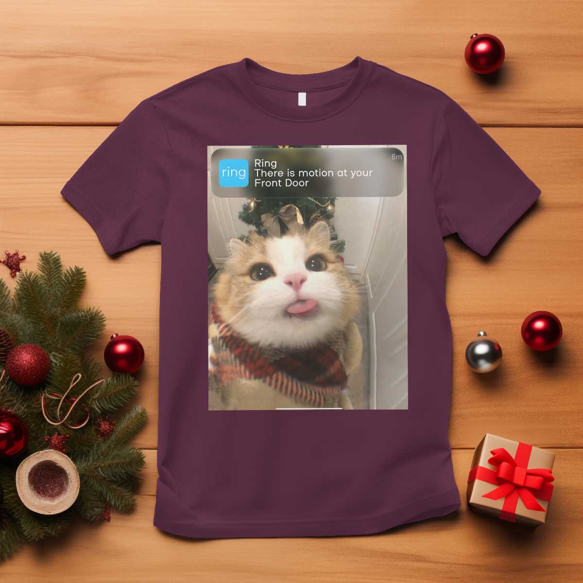 Funny Cat Christmas T Shirt Ring There is Motion at Your Front Door Meme Xmas Tree - Wonder Print Shop