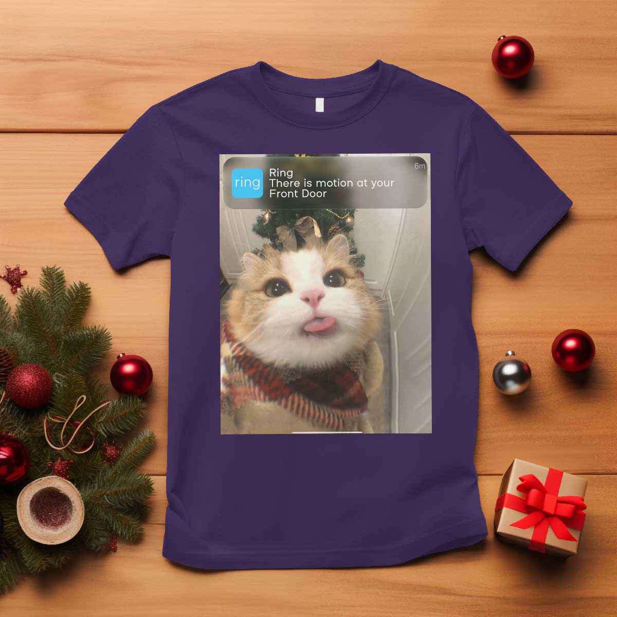 Funny Cat Christmas T Shirt Ring There is Motion at Your Front Door Meme Xmas Tree - Wonder Print Shop