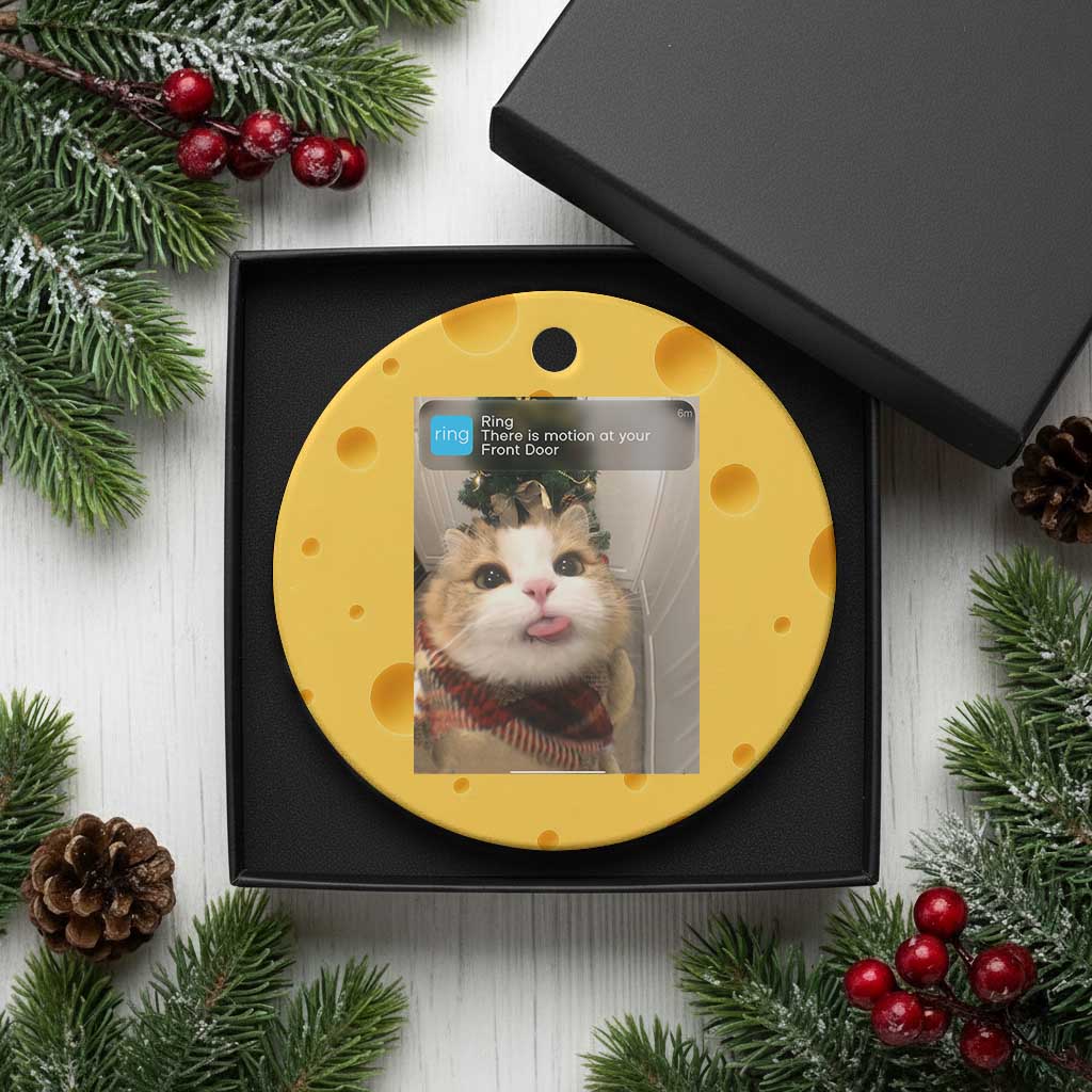 Funny Cat Christmas Ceramic Ornament Ring There is Motion at Your Front Door Meme Xmas Tree - Wonder Print Shop