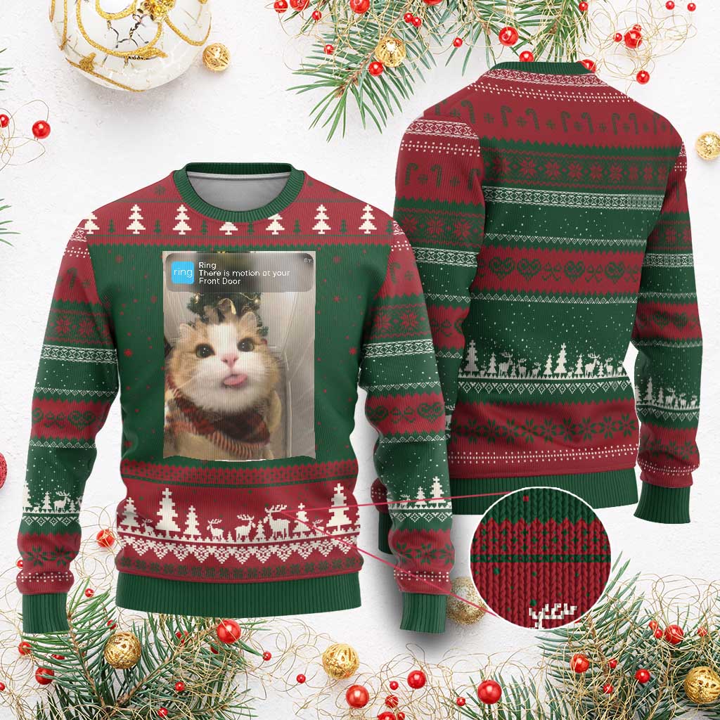 Funny Cat Xmas Ugly Christmas Sweater Ring There is Motion at Your Front Door Meme Xmas Tree - Wonder Print Shop