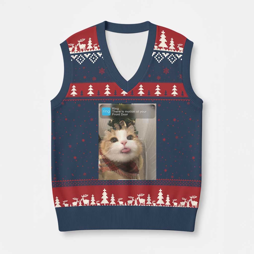 Funny Cat Xmas V-Neck Knit Sweater Vest Ring There is Motion at Your Front Door Meme Xmas Tree - Wonder Print Shop