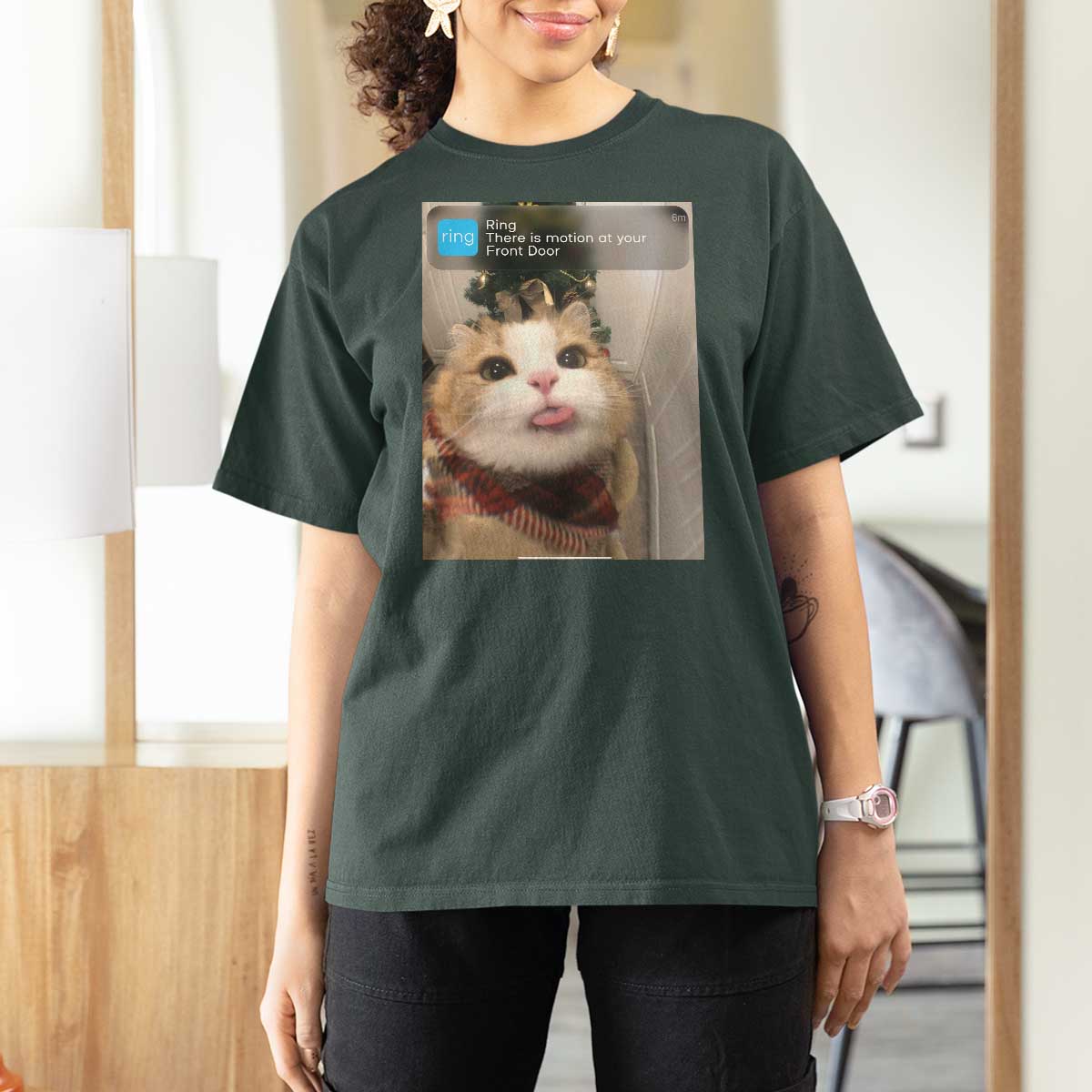 Funny Cat Christmas T Shirt For Women Ring There is Motion at Your Front Door Meme Xmas Tree - Wonder Print Shop