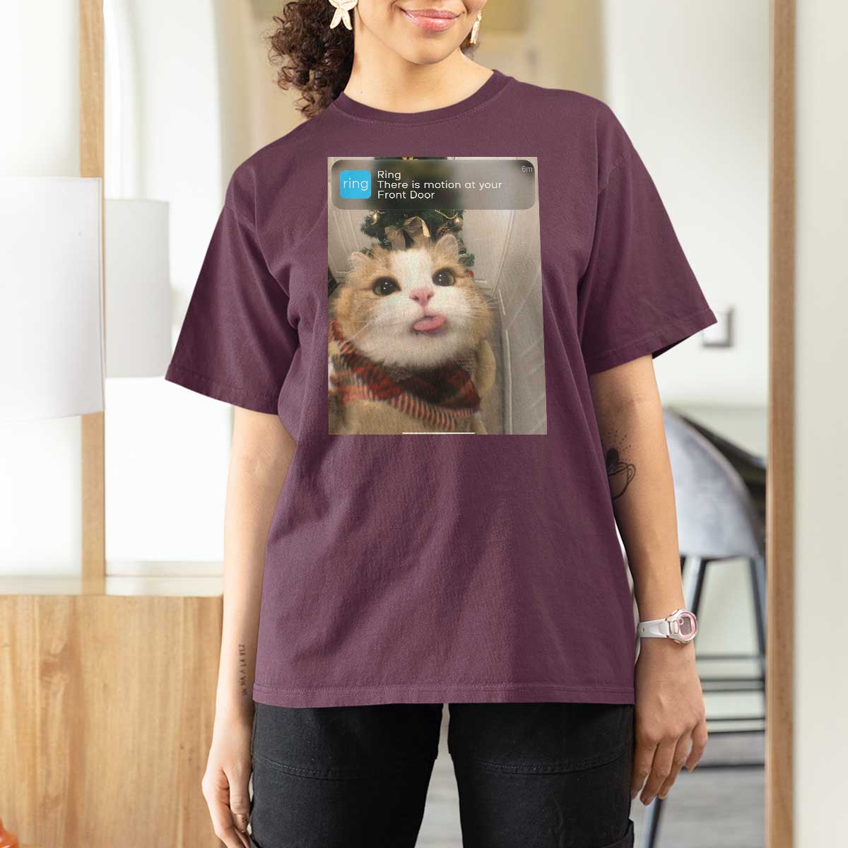 Funny Cat Christmas T Shirt For Women Ring There is Motion at Your Front Door Meme Xmas Tree - Wonder Print Shop