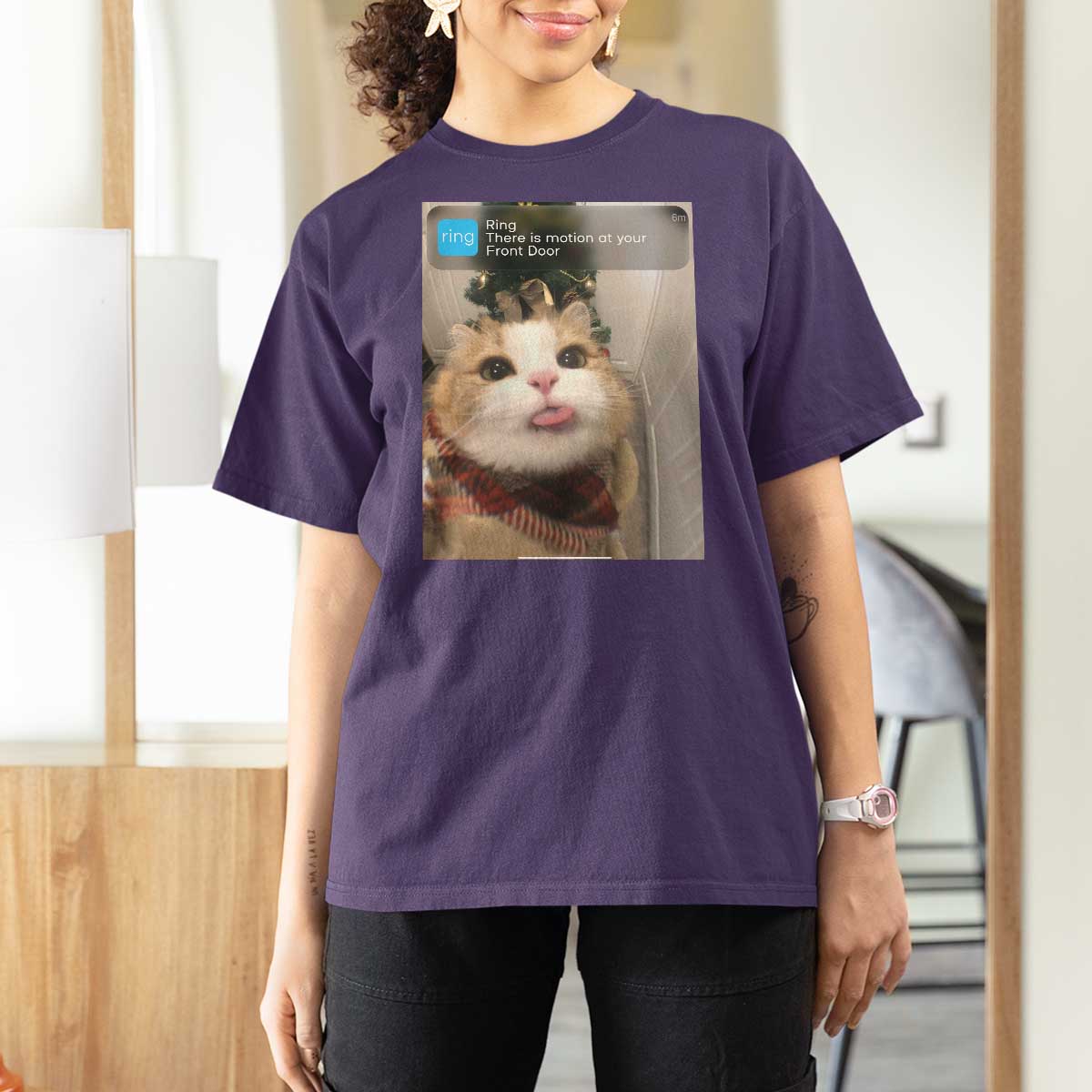 Funny Cat Christmas T Shirt For Women Ring There is Motion at Your Front Door Meme Xmas Tree - Wonder Print Shop