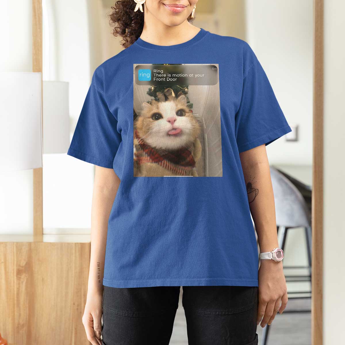 Funny Cat Christmas T Shirt For Women Ring There is Motion at Your Front Door Meme Xmas Tree - Wonder Print Shop