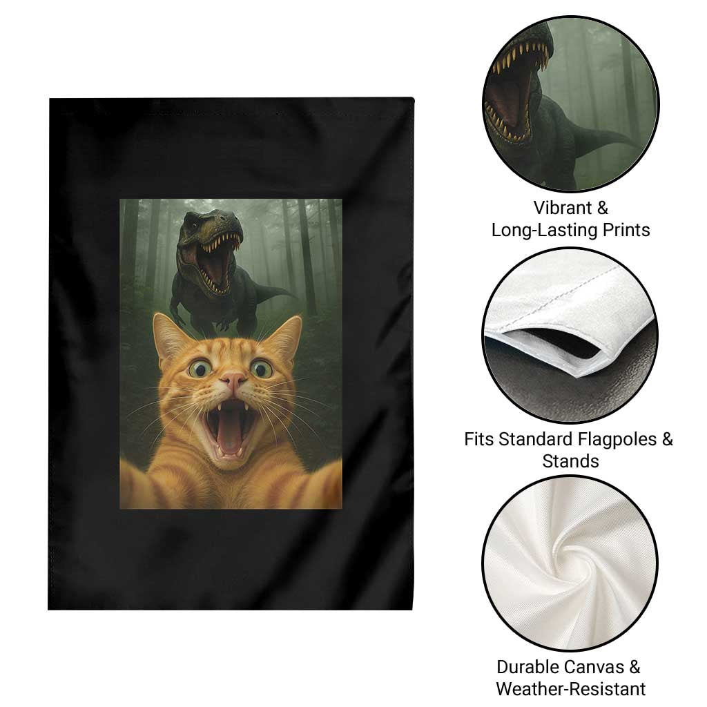 Cat Selfie With Dinosaur Garden Flag Funny Cat Gifts - Wonder Print Shop