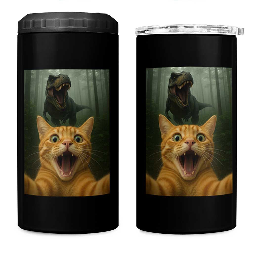 Cat Selfie With Dinosaur 4 in 1 Can Cooler Tumbler Funny Cat Gifts - Wonder Print Shop